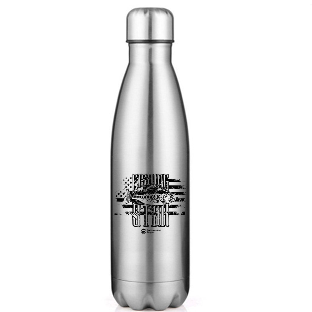 Fishing Star Stainless Steel Water Bottle in vibrant colors, showcasing its sleek bowling pin shape and insulated design.